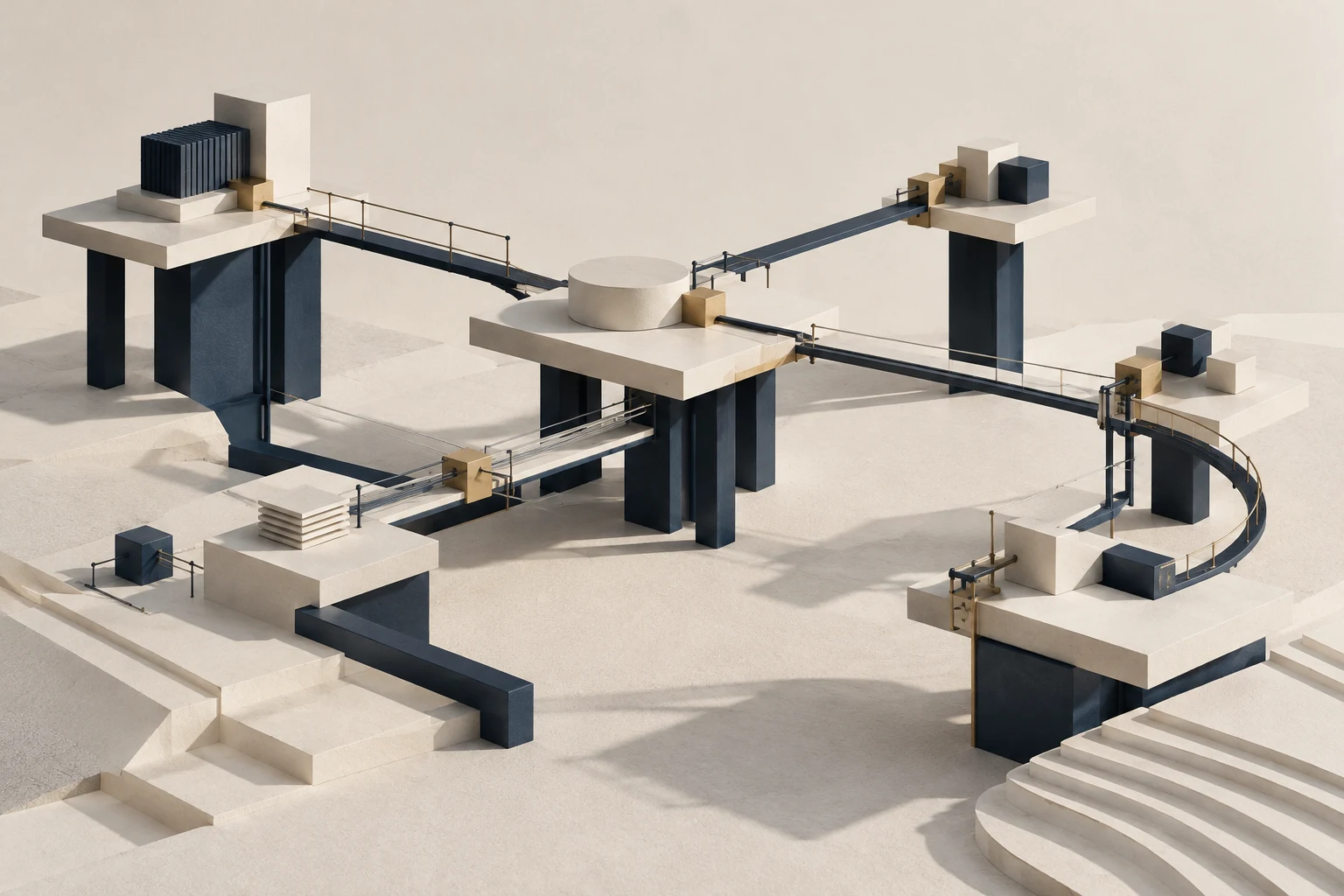 Conceptual illustration of connected architectural structures representing coordinated service operations